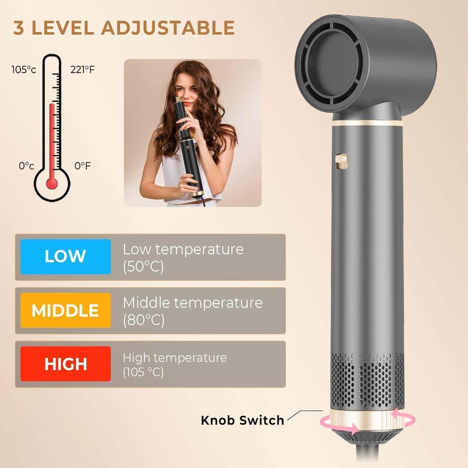 Dryhsip Hair Dryer Brush, 5-in-1 Hot Air Brush-Gray Gold