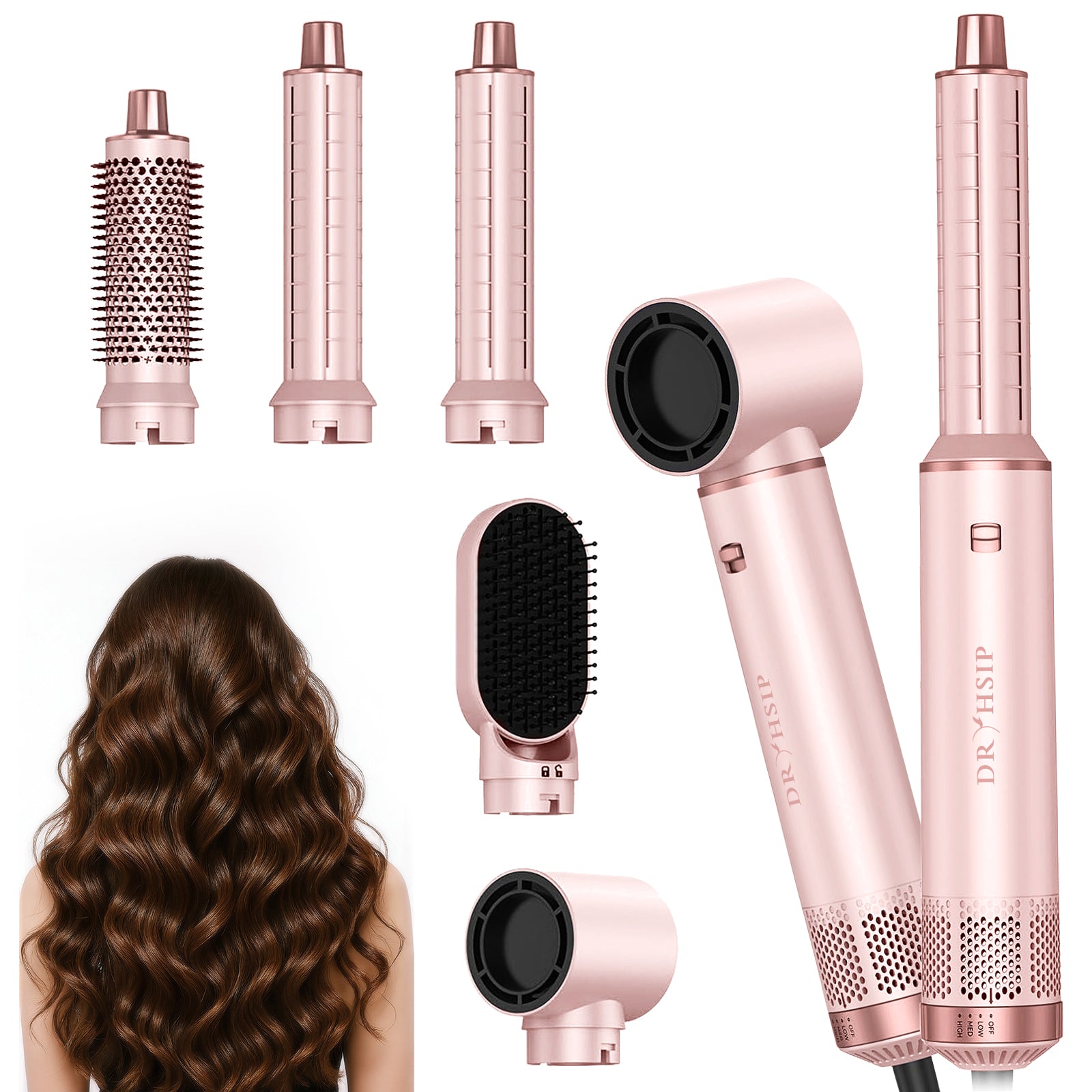 Dryhsip 5 in 1 Hot Air Brush Hair Dryer Styler,Negative Ion Blow Dryer with Curling Wand, Straightener & Volumizer for All Hair Types (Sakura)