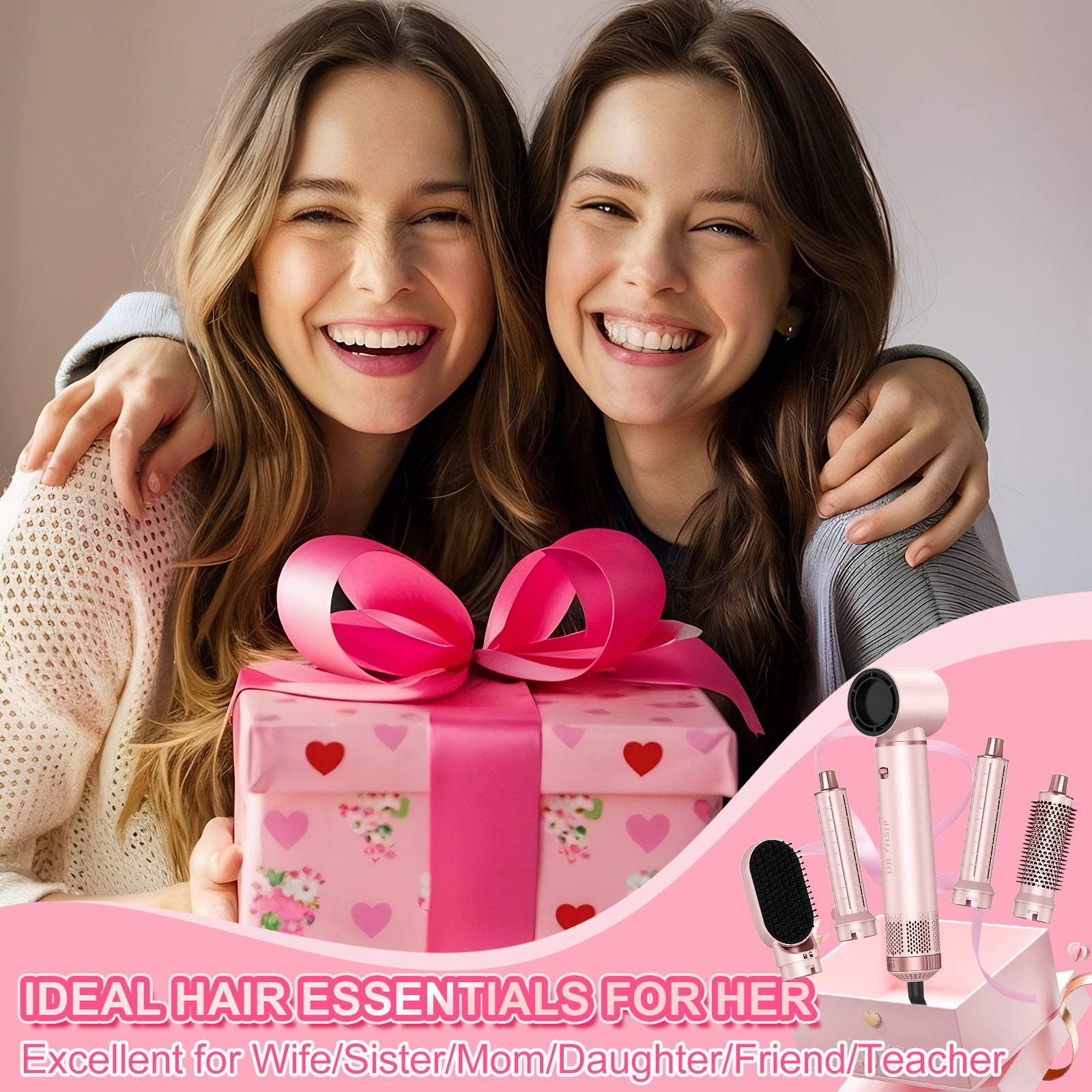 Dryhsip 5 in 1 Hot Air Brush Hair Dryer Styler,Negative Ion Blow Dryer with Curling Wand, Straightener & Volumizer for All Hair Types (Sakura)
