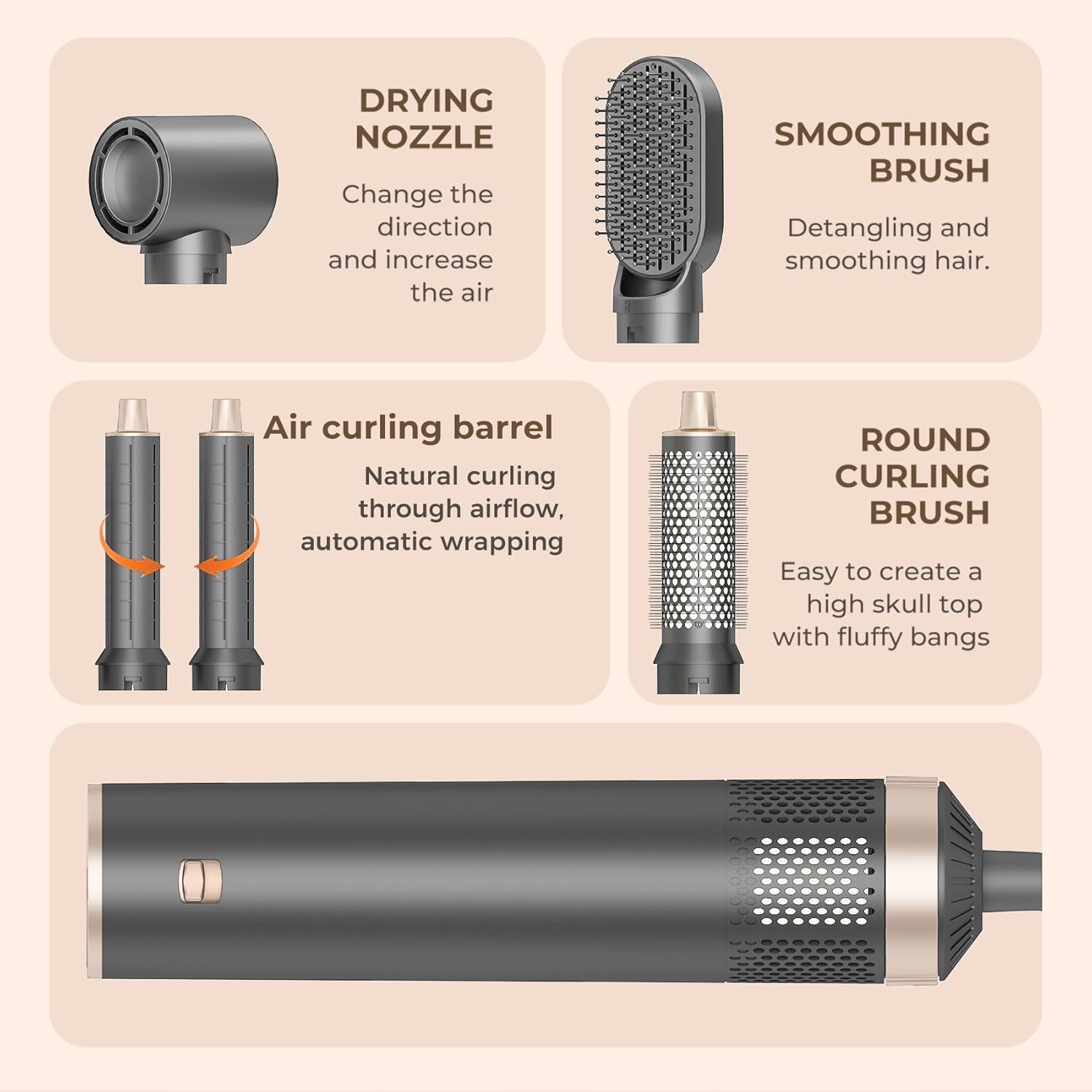Dryhsip Hair Dryer Brush, 5-in-1 Hot Air Brush-Gray Gold