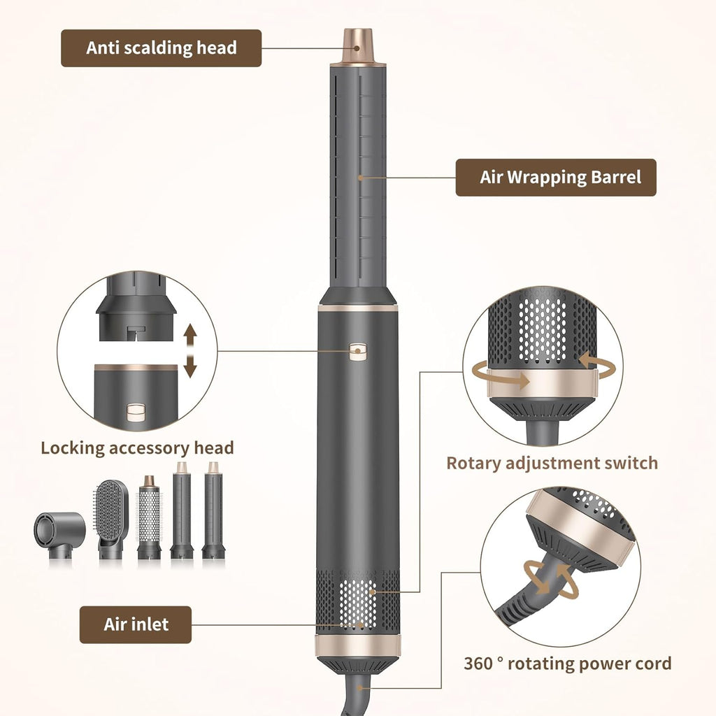 Dryhsip Hair Dryer Brush, 5-in-1 Hot Air Brush-Gray Gold