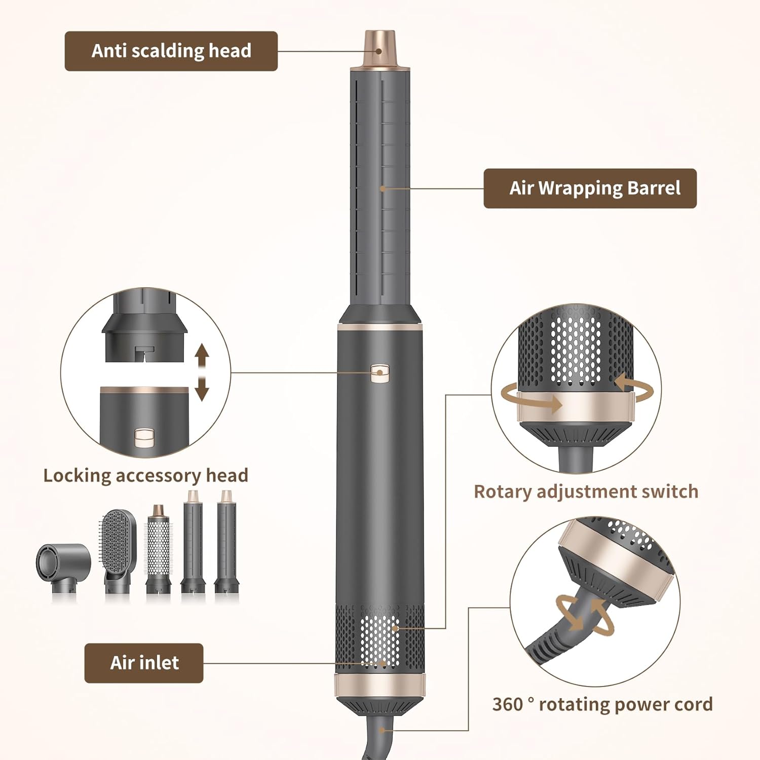 Dryhsip Hair Dryer Brush, 5-in-1 Hot Air Brush-Gray Gold