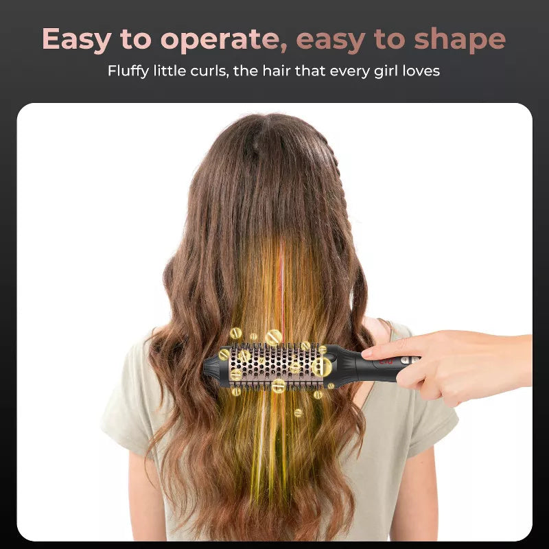 Woman using a heated thermal round brush to create volume and soft curls