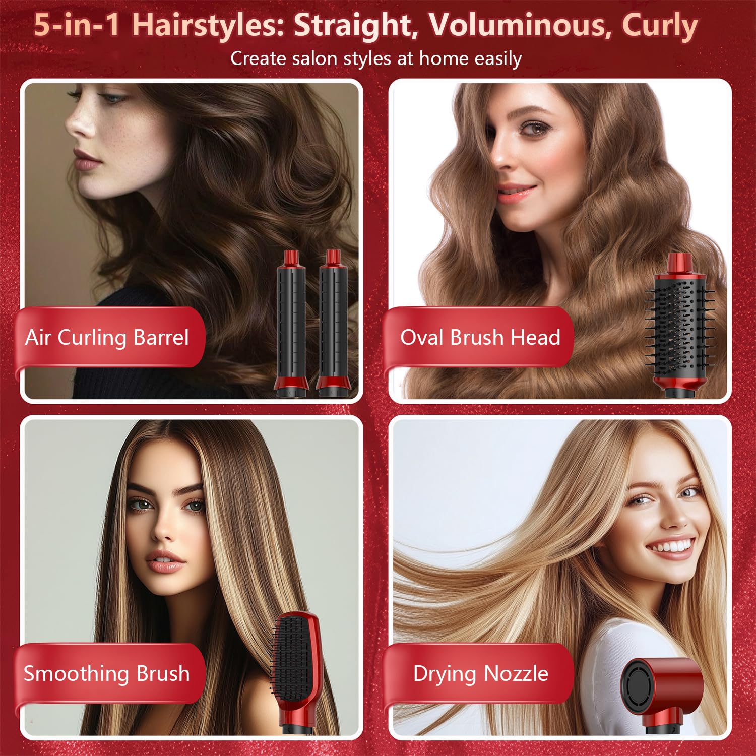 Dryhsip Hair Dryer Brush, 5-in-1 Hot Air Brush-Red